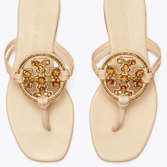 Tory Burch NIB Miller Jeweled Leather Thong Sandals Brie Cream Beige